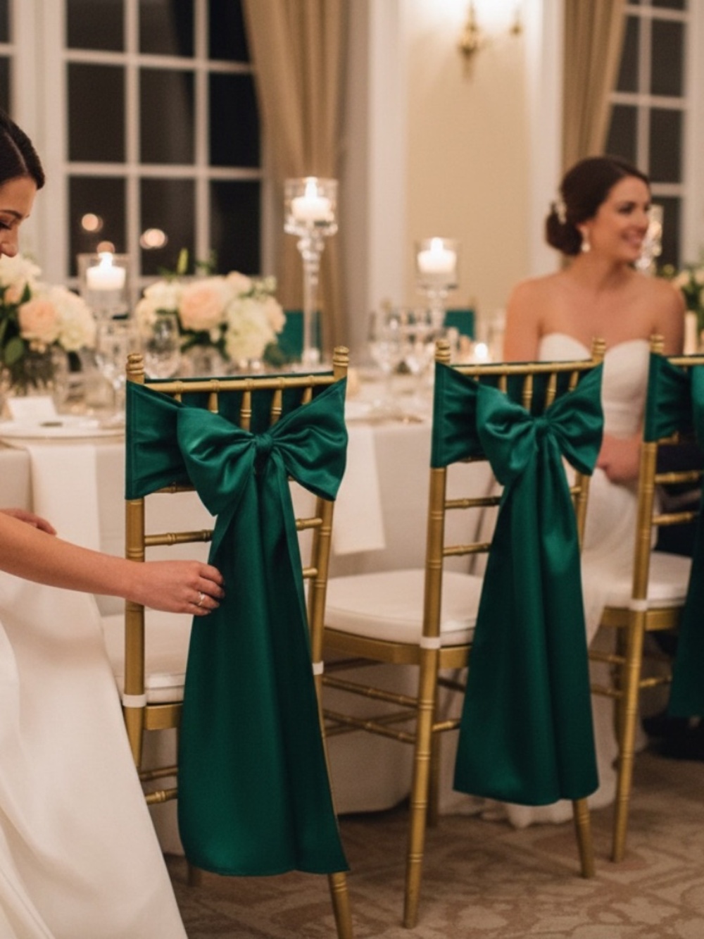 12pk Emerald Green Satin Chair Sashes Wedding Party Event Decor Bows Elegant
